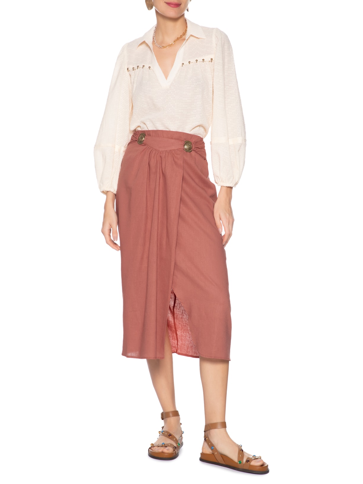 Saia Midi Fivelas Marrom Maria Filó