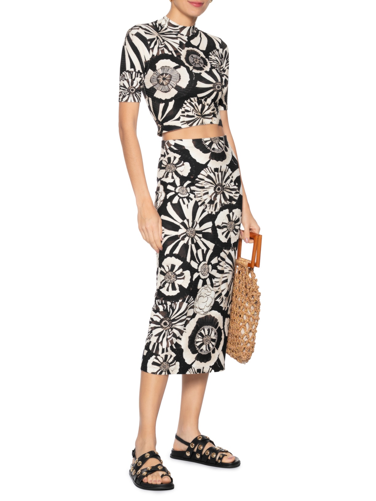 Saia Midi Flora Preto Farm