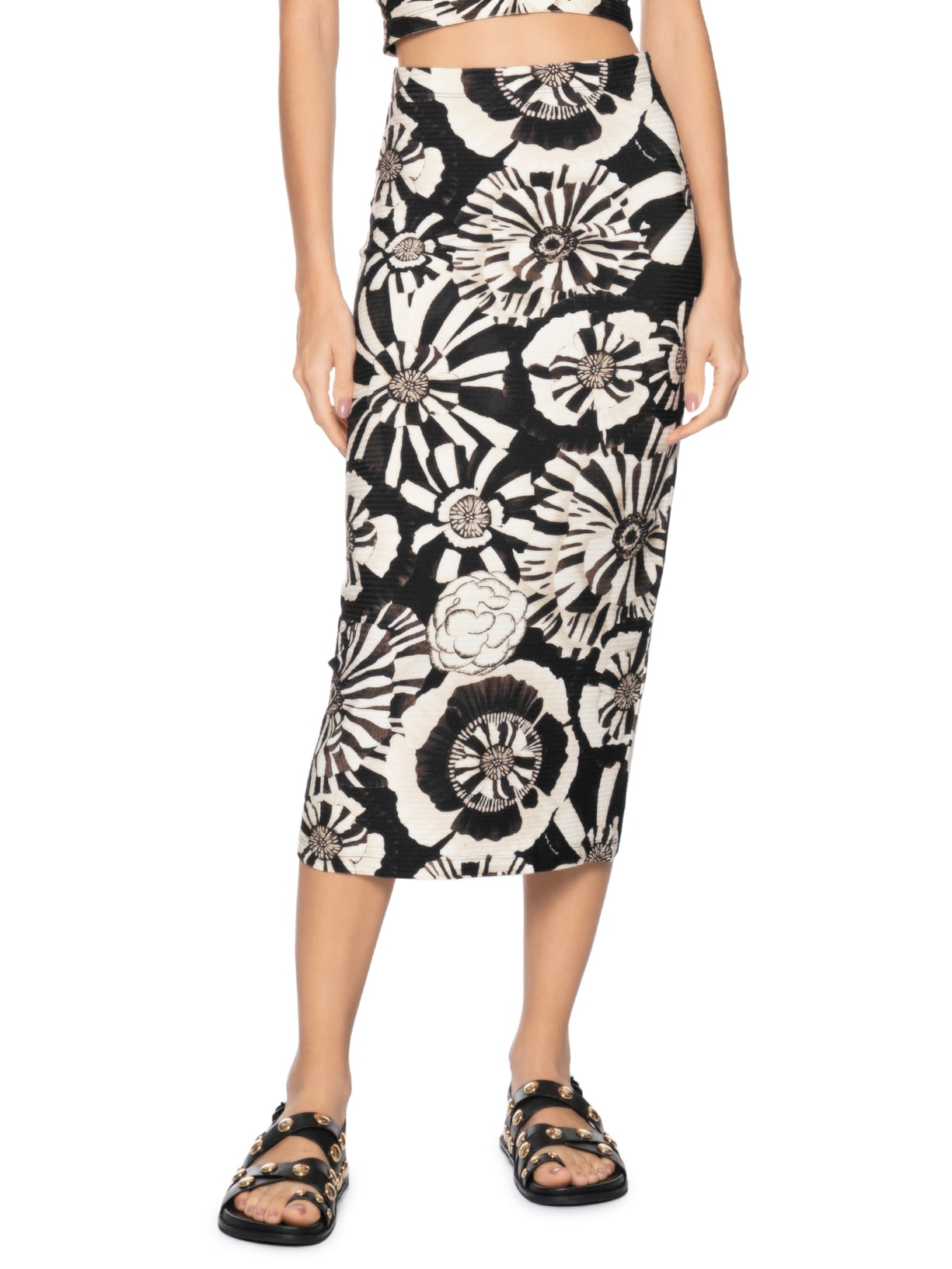 Saia Midi Flora Preto Farm