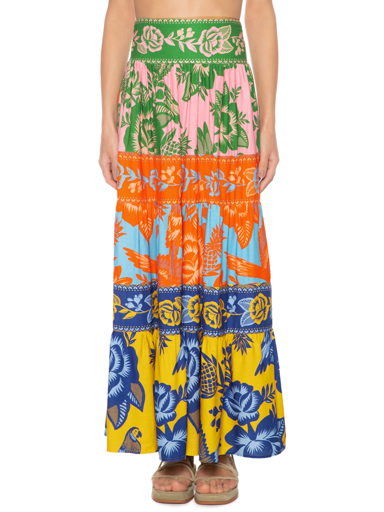 Saia Midi Floral De Renda Laranja Farm