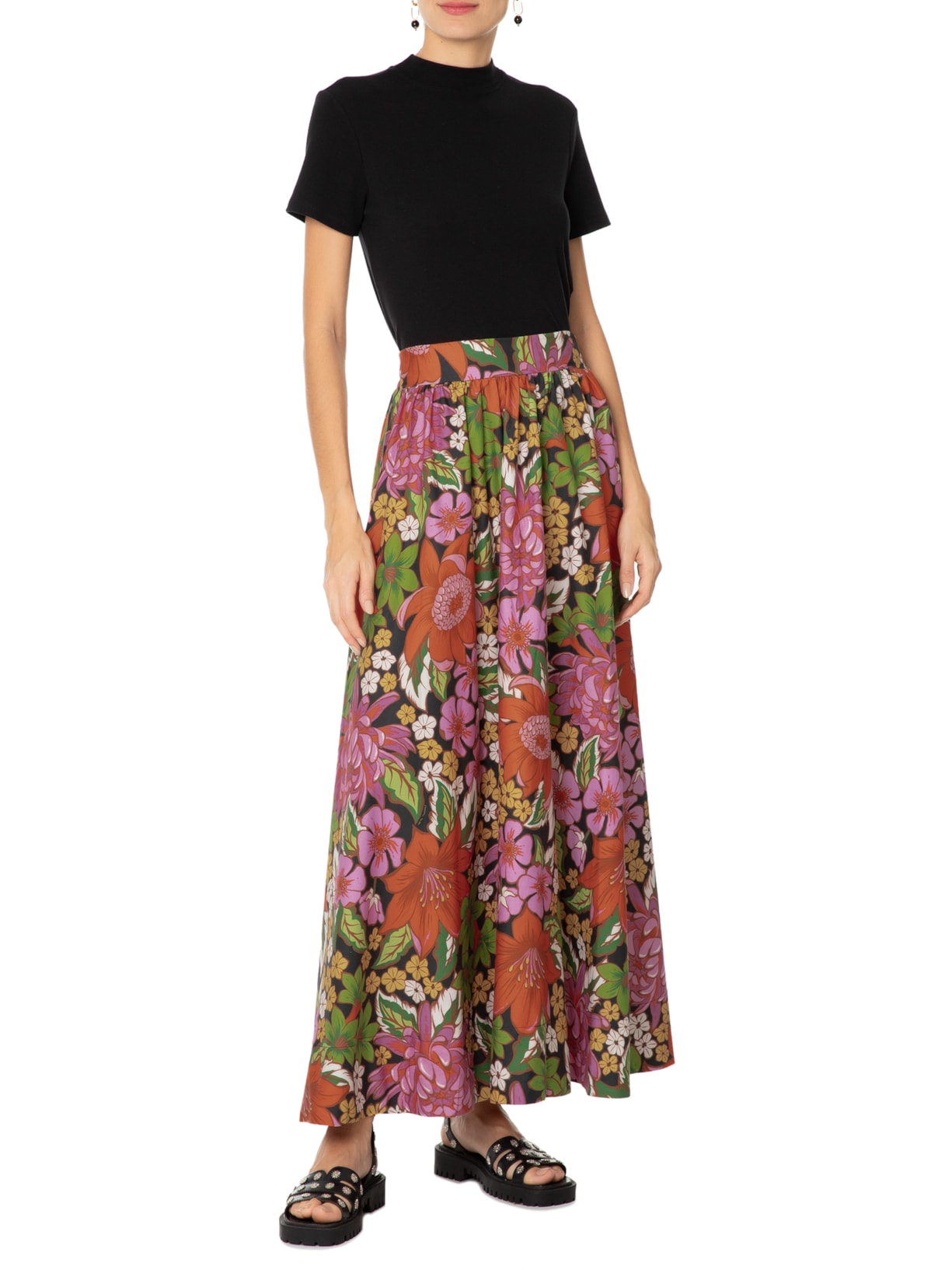Saia Midi Floral Vivi Preto Farm
