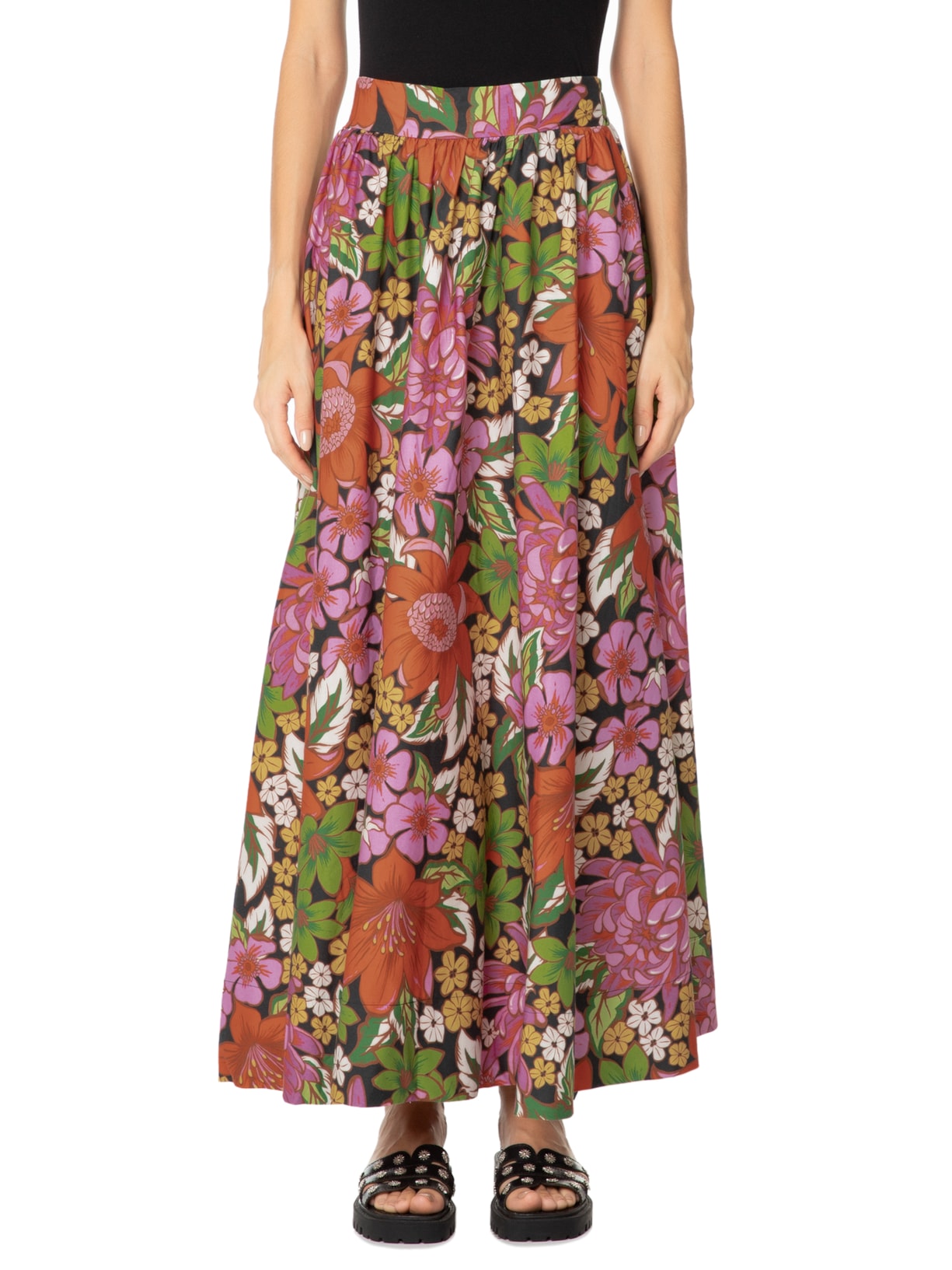 Saia Midi Floral Vivi Preto Farm