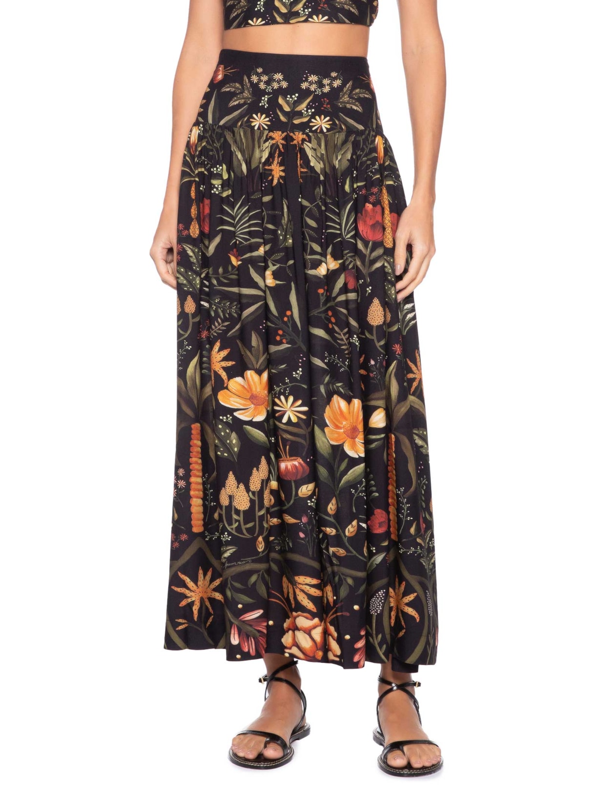 Saia Midi Inverno Tropical Preto Farm