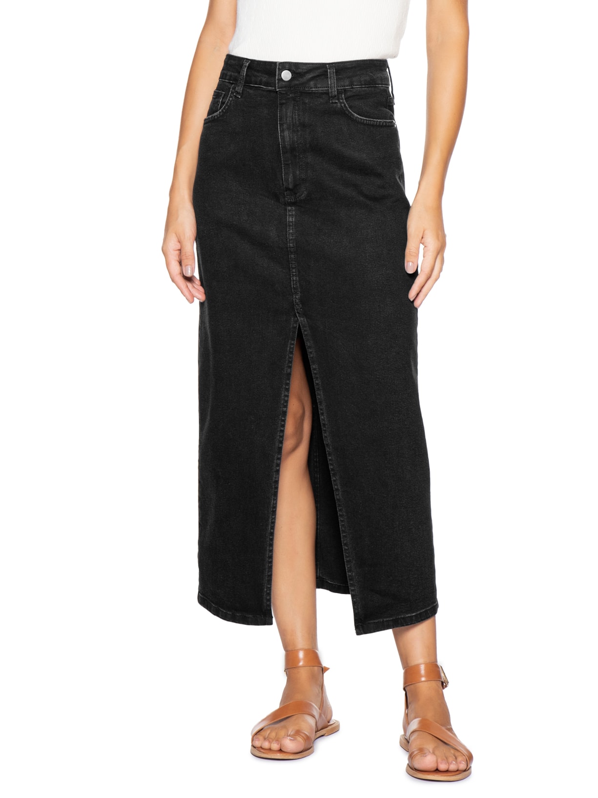 Saia Midi Jeans Com Fenda Preto Basiq