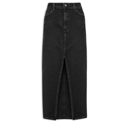 Saia Midi Jeans Com Fenda - Preto