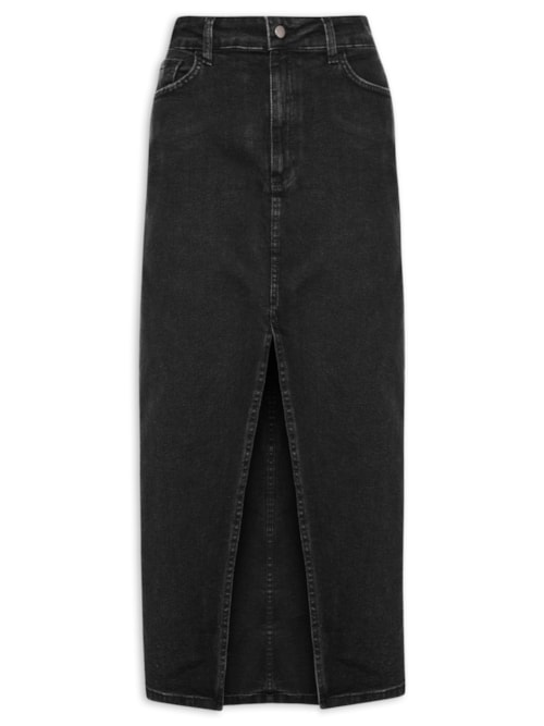 Saia Midi Jeans Com Fenda - Preto