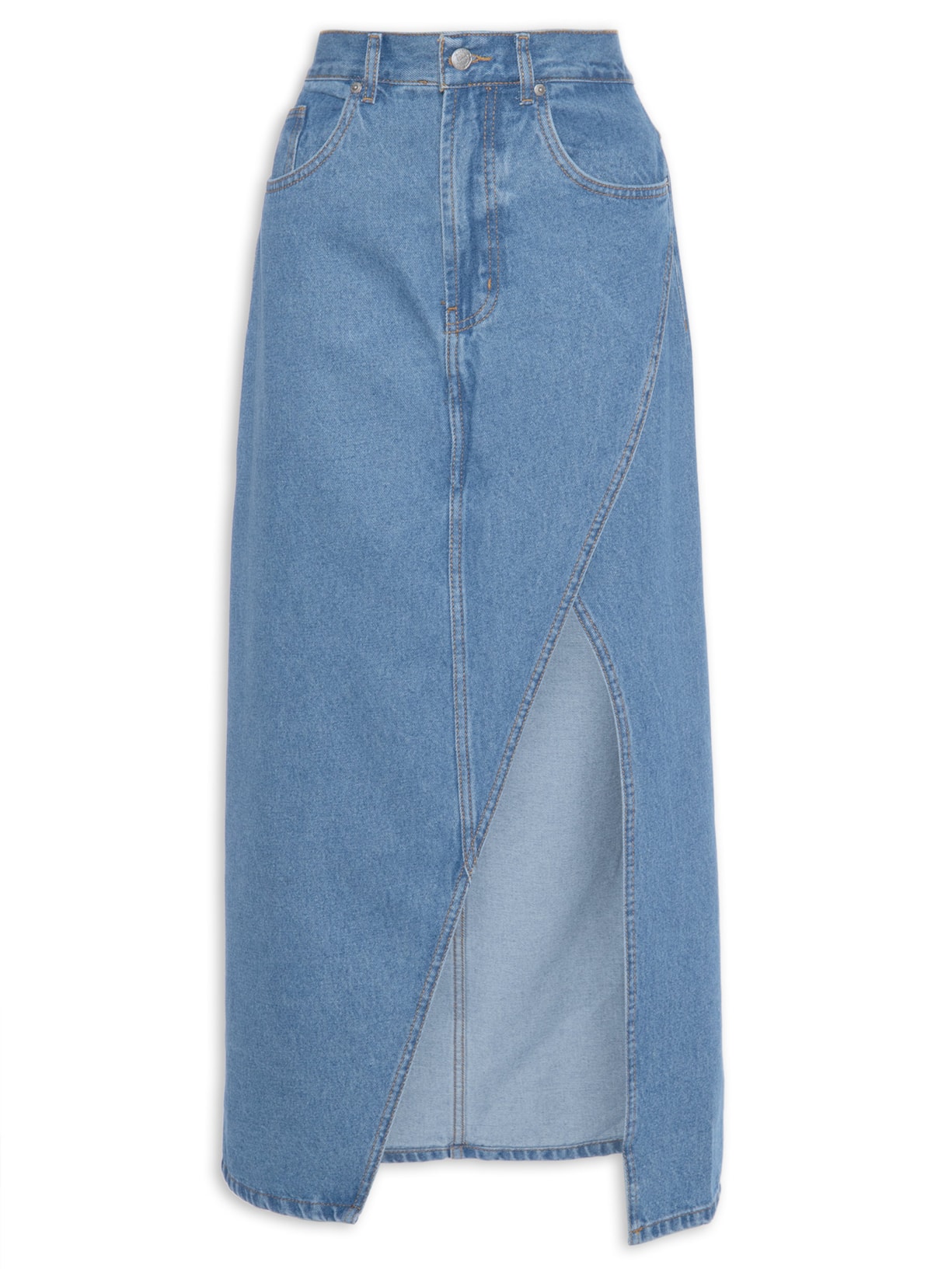 Saia Midi Jeans Fenda - Azul