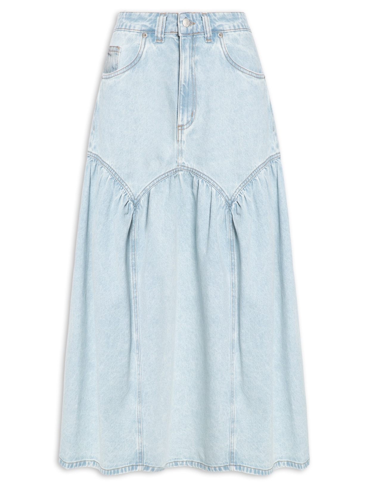 Saia Midi Jeans Pala Curva Franzida - Azul