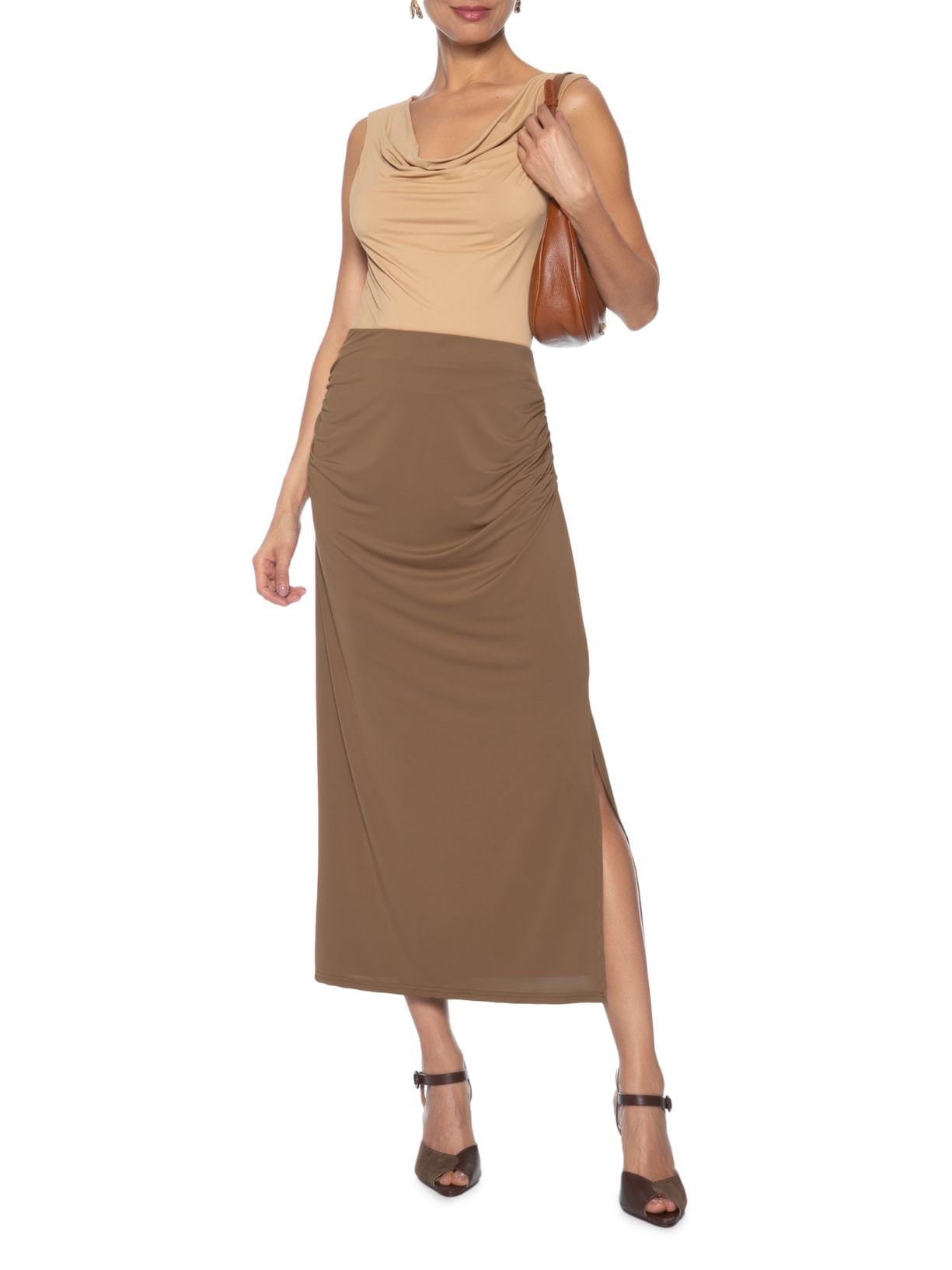 Saia Midi Lateral Drapeada Marrom Market 33