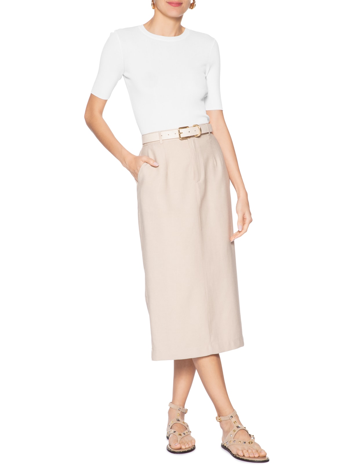 Saia Midi Linho Bege Basiq