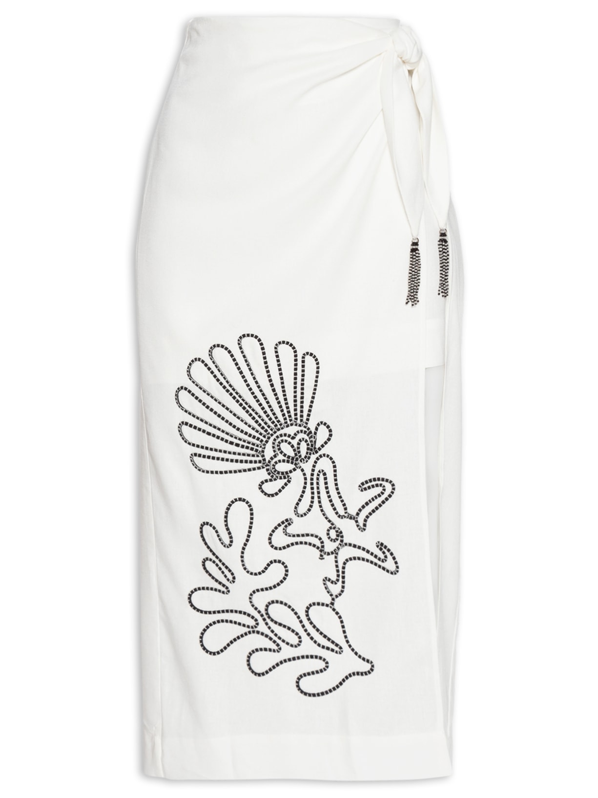 Saia Midi Linho Bordado Concha - Off White