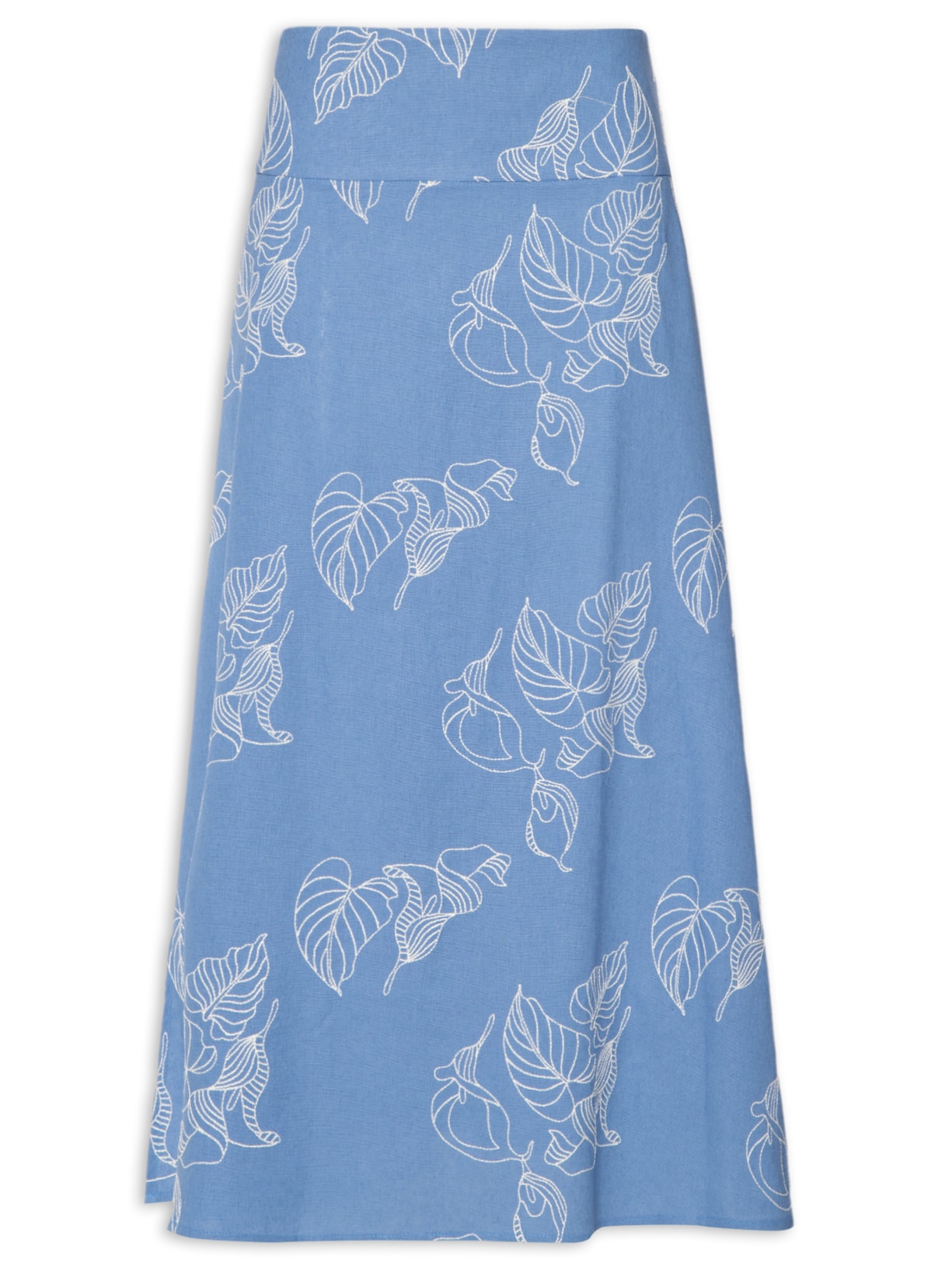 Saia Midi Linho Bordado Copo De Leite - Azul
