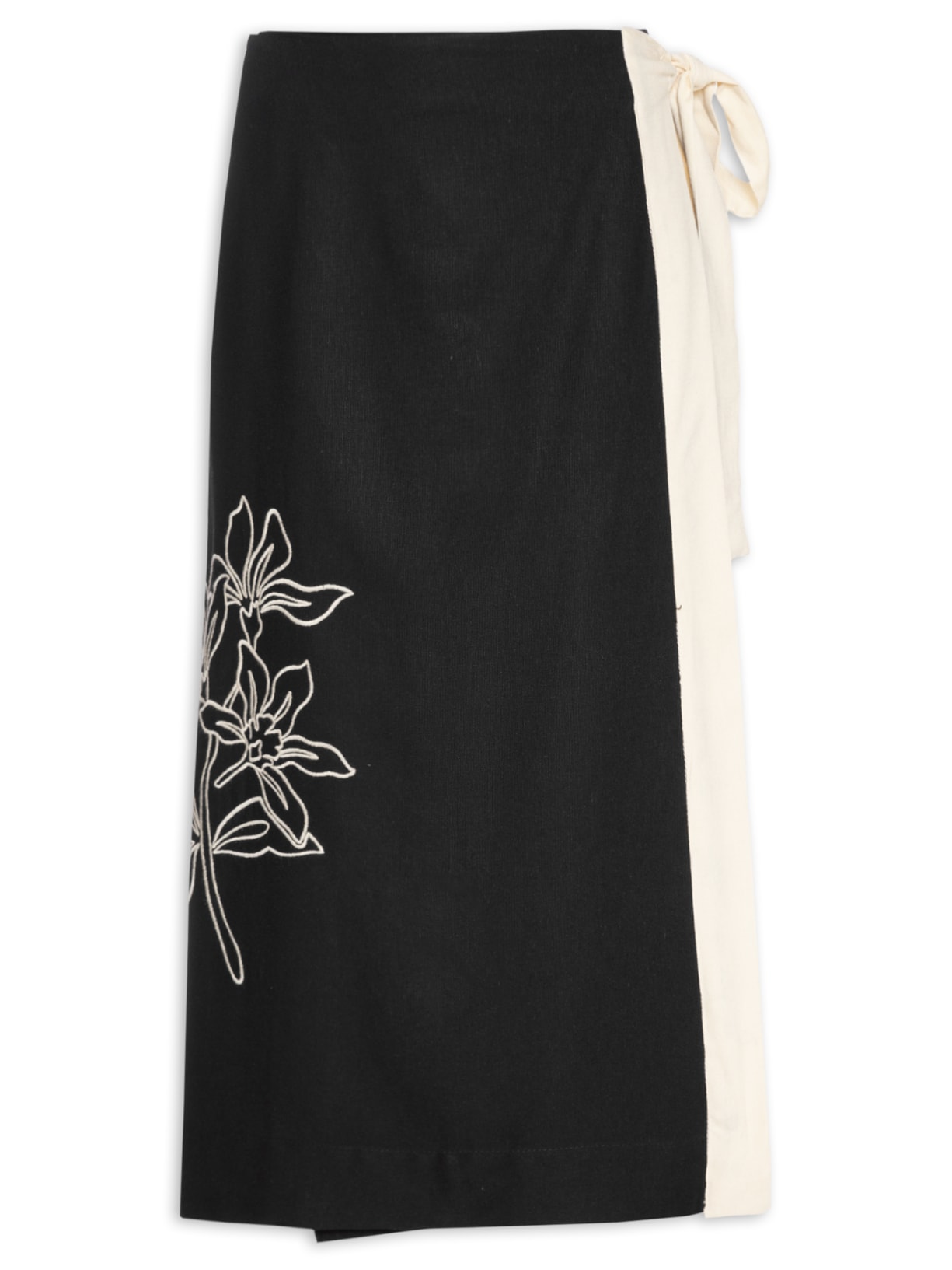 Saia Midi Linho Bordado Floral - Preto