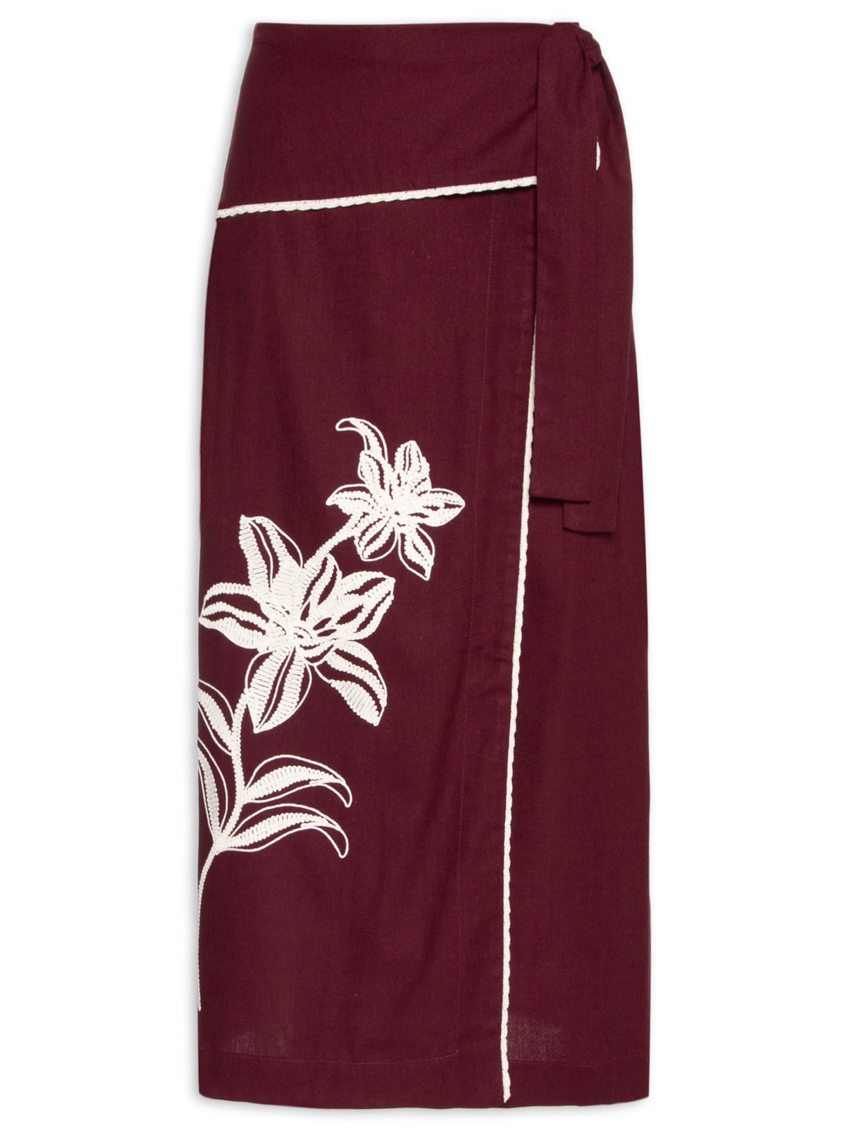 Saia Midi Linho Bordado Flores - Vermelho