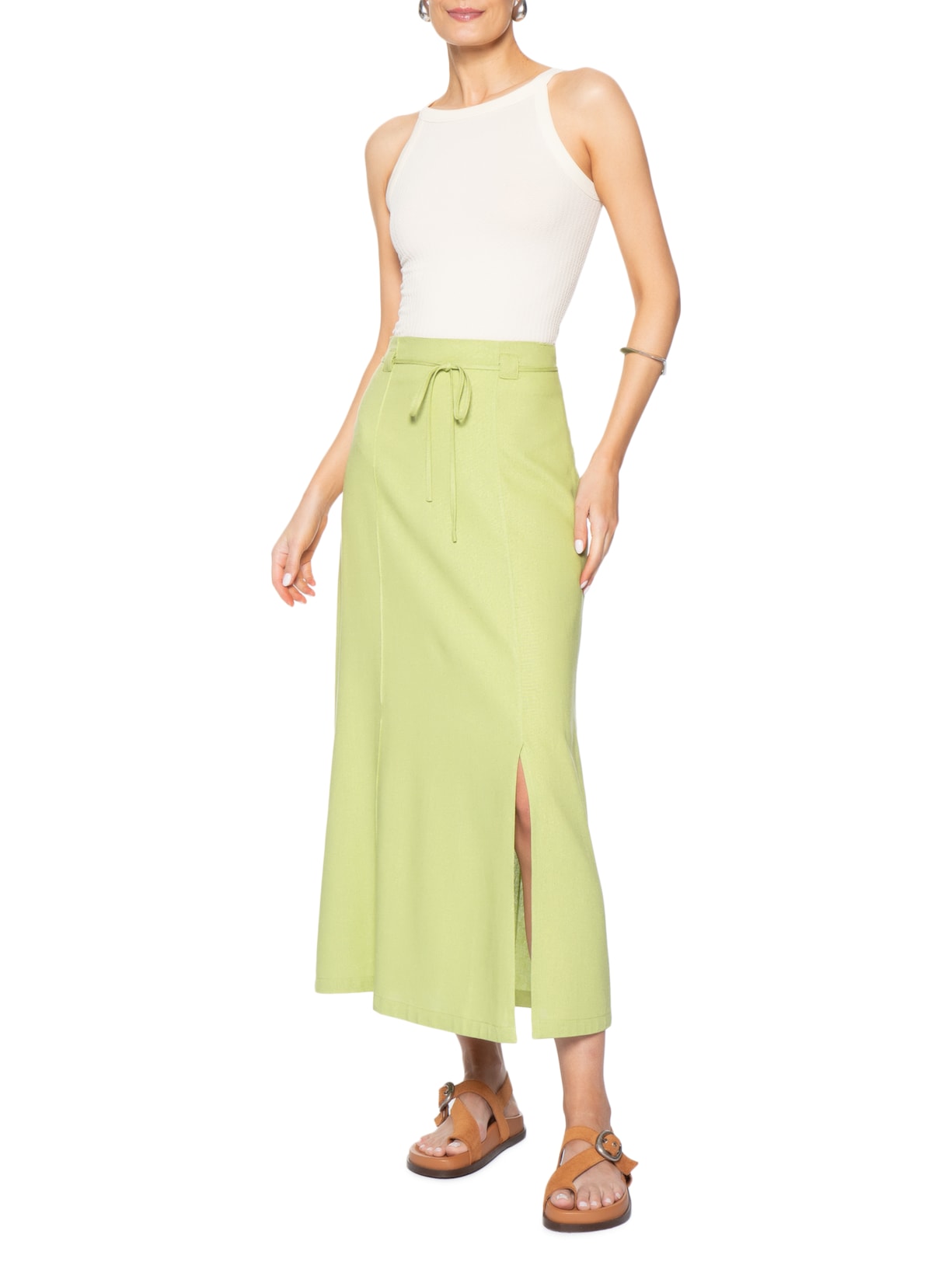 Saia Midi Linho com Fenda Verde Basiq