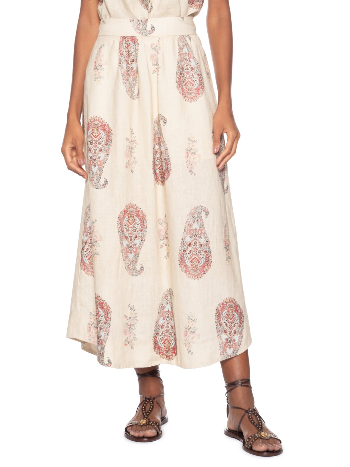 Saia Midi Linho Estampada Flory Bege Maria Filó