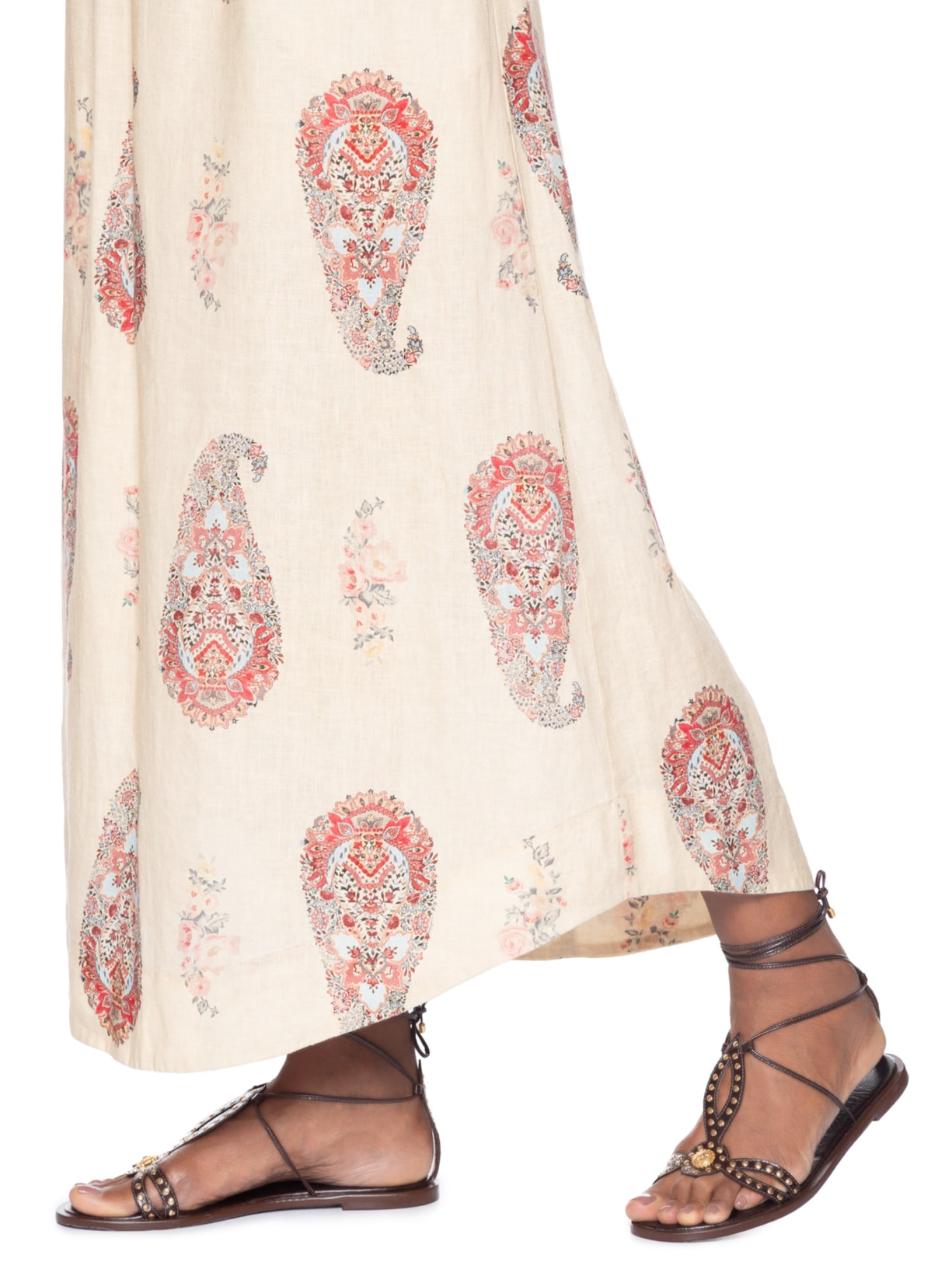 Saia Midi Linho Estampada Flory Bege Maria Filó