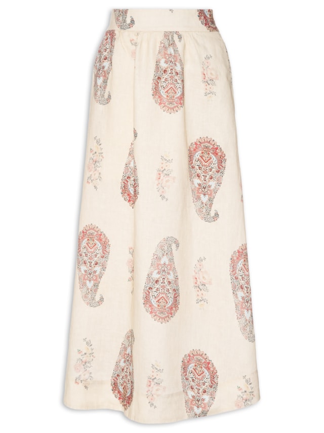 Saia Midi Linho Estampada Flory - Bege by MARIA FILÓ
