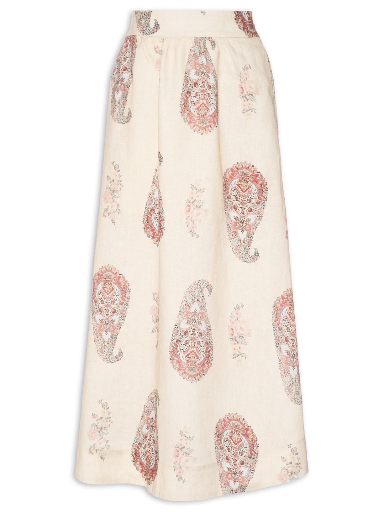 Saia Midi Linho Estampada Flory - Bege