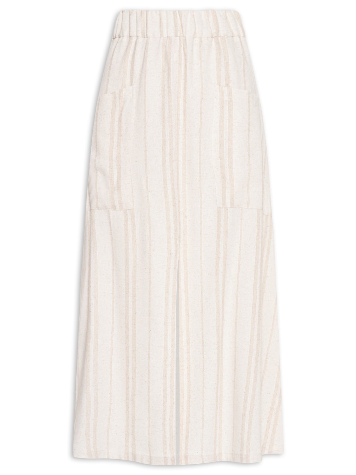 Saia Midi Linho Listrada Com Fenda - Bege