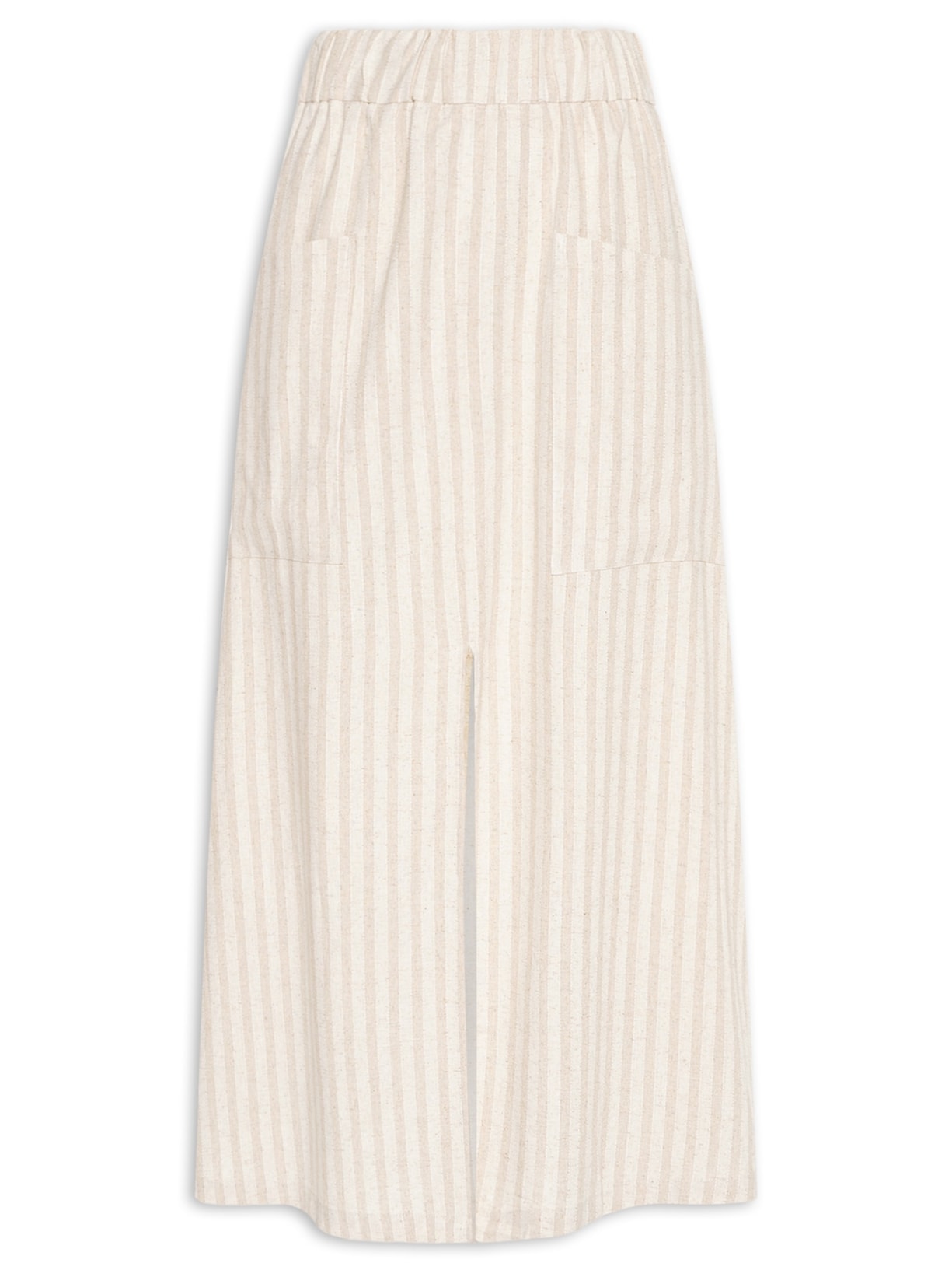 Saia Midi Linho Listrada Com Fenda - Bege