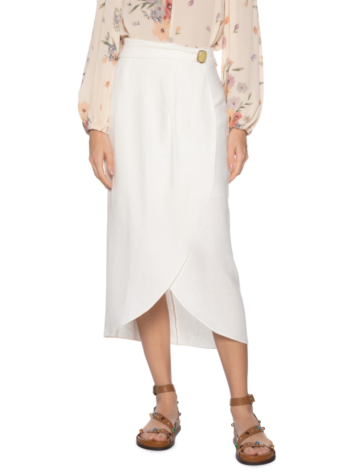 Saia Midi Linho Metal Branco Maria Filó