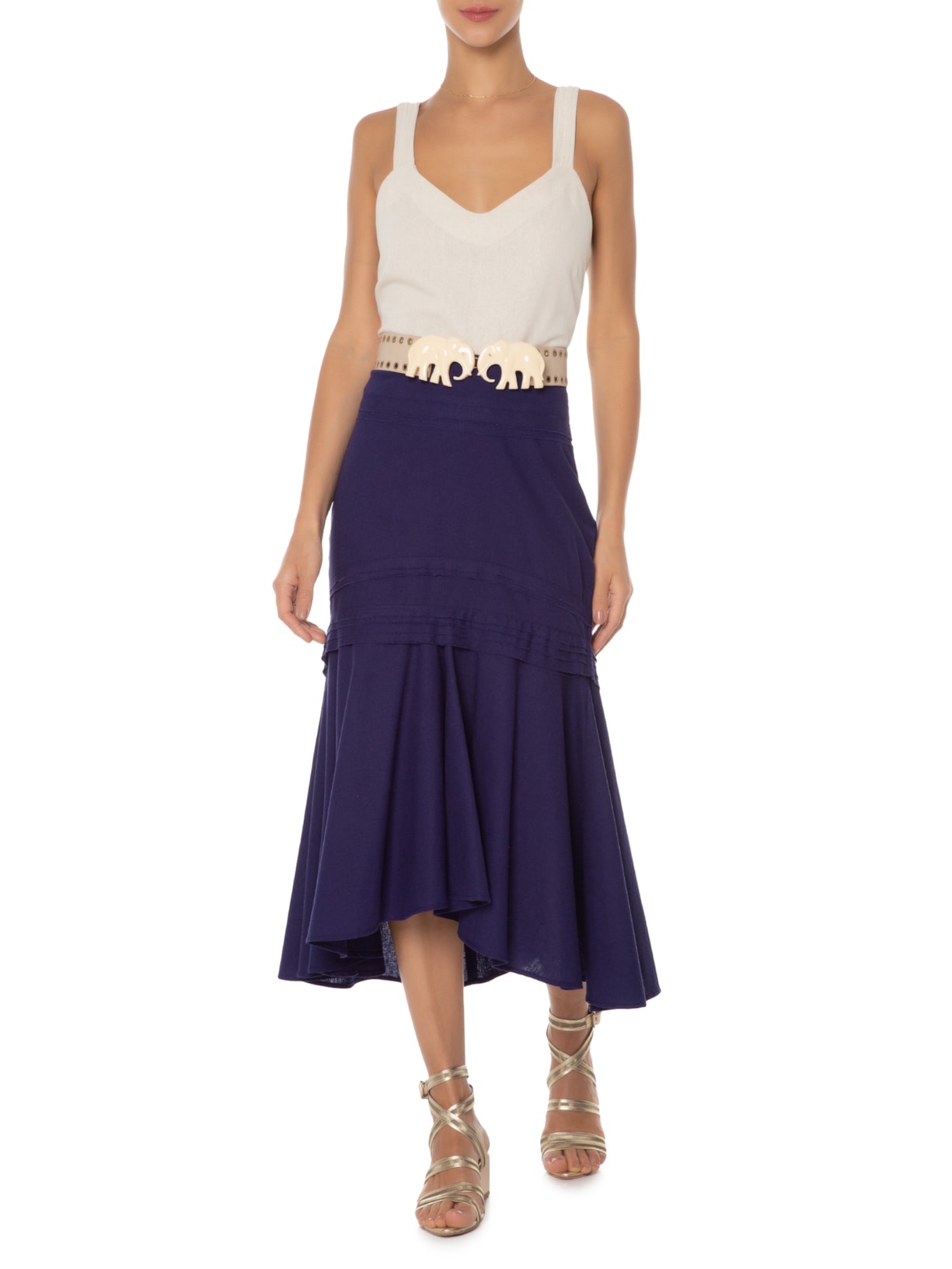 Linho Saia Midi Babado Saia Midi Linho Misto Babado Azul '2ESSENTIAL