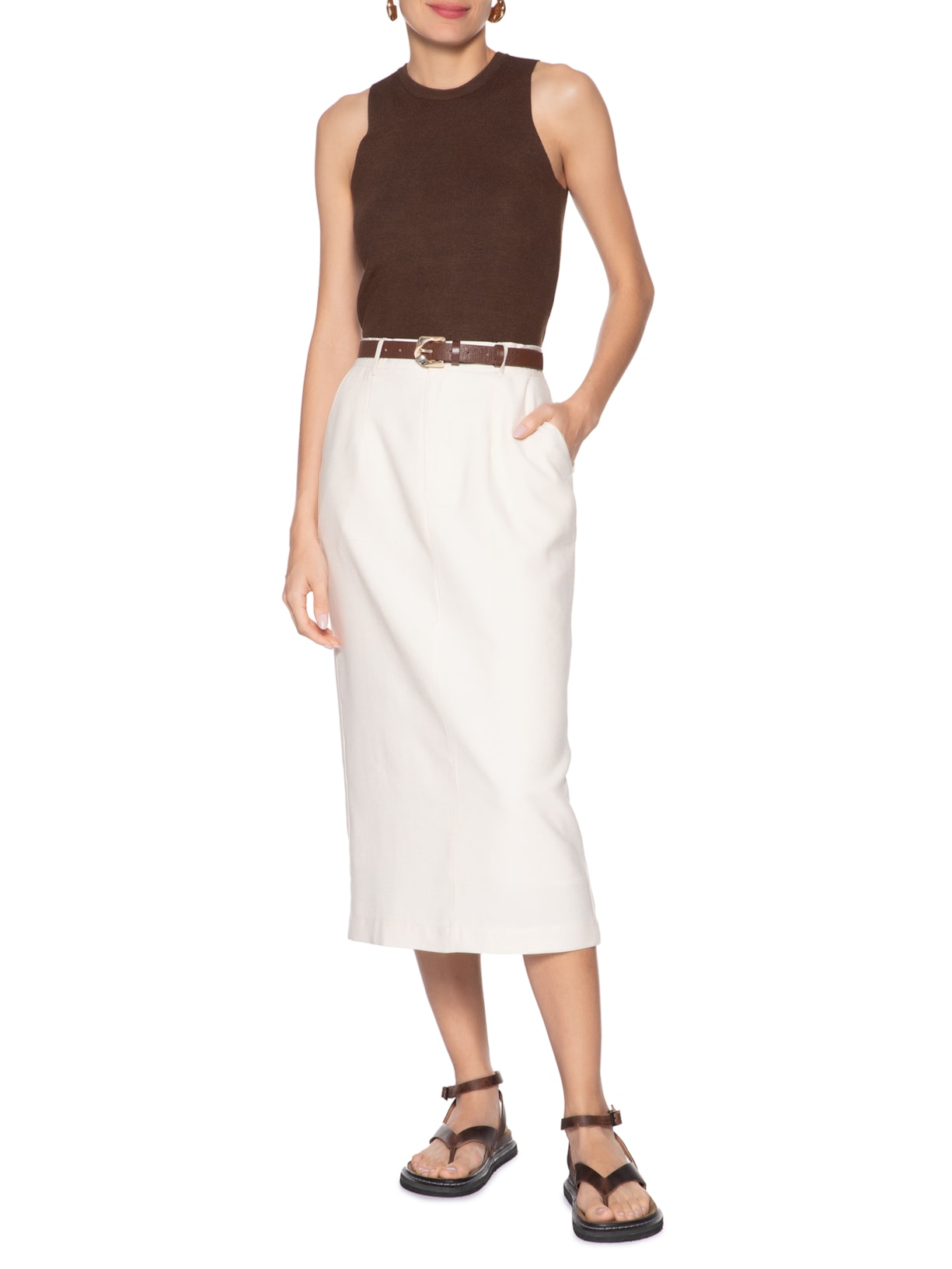 Saia Midi Linho Off White Basiq