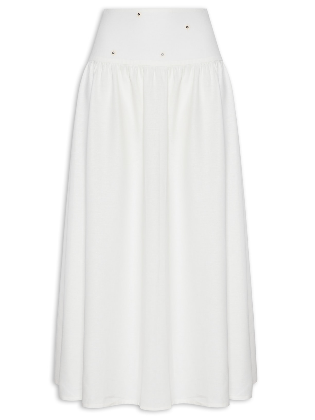 Saia Midi Linho Pala Bordado Paetê - Branco