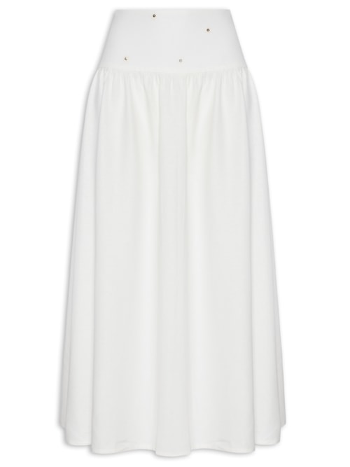 Saia Midi Linho Pala Bordado Paetê - Branco