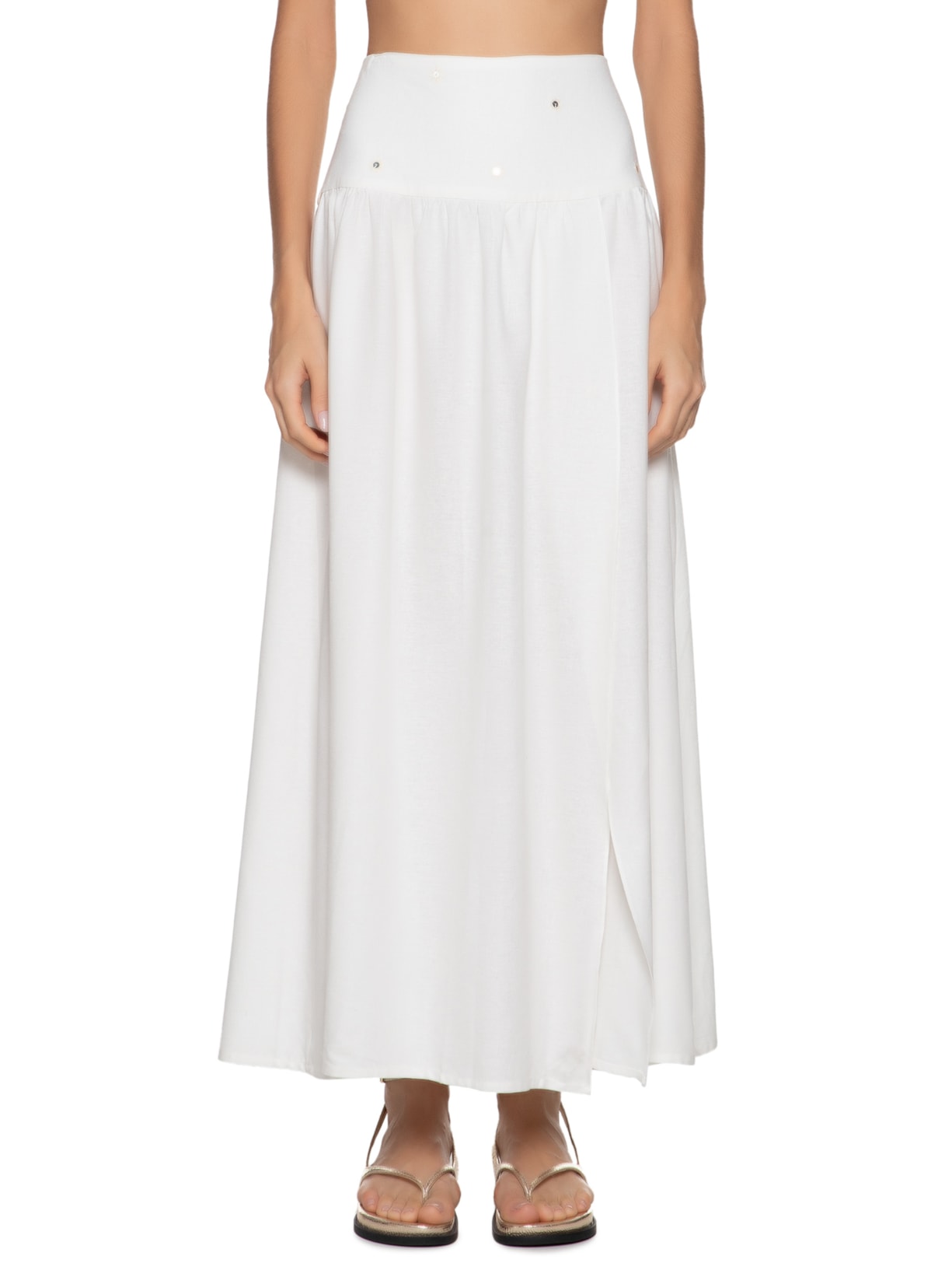 Saia Midi Linho Pala Bordado Paetê Branco Dress To