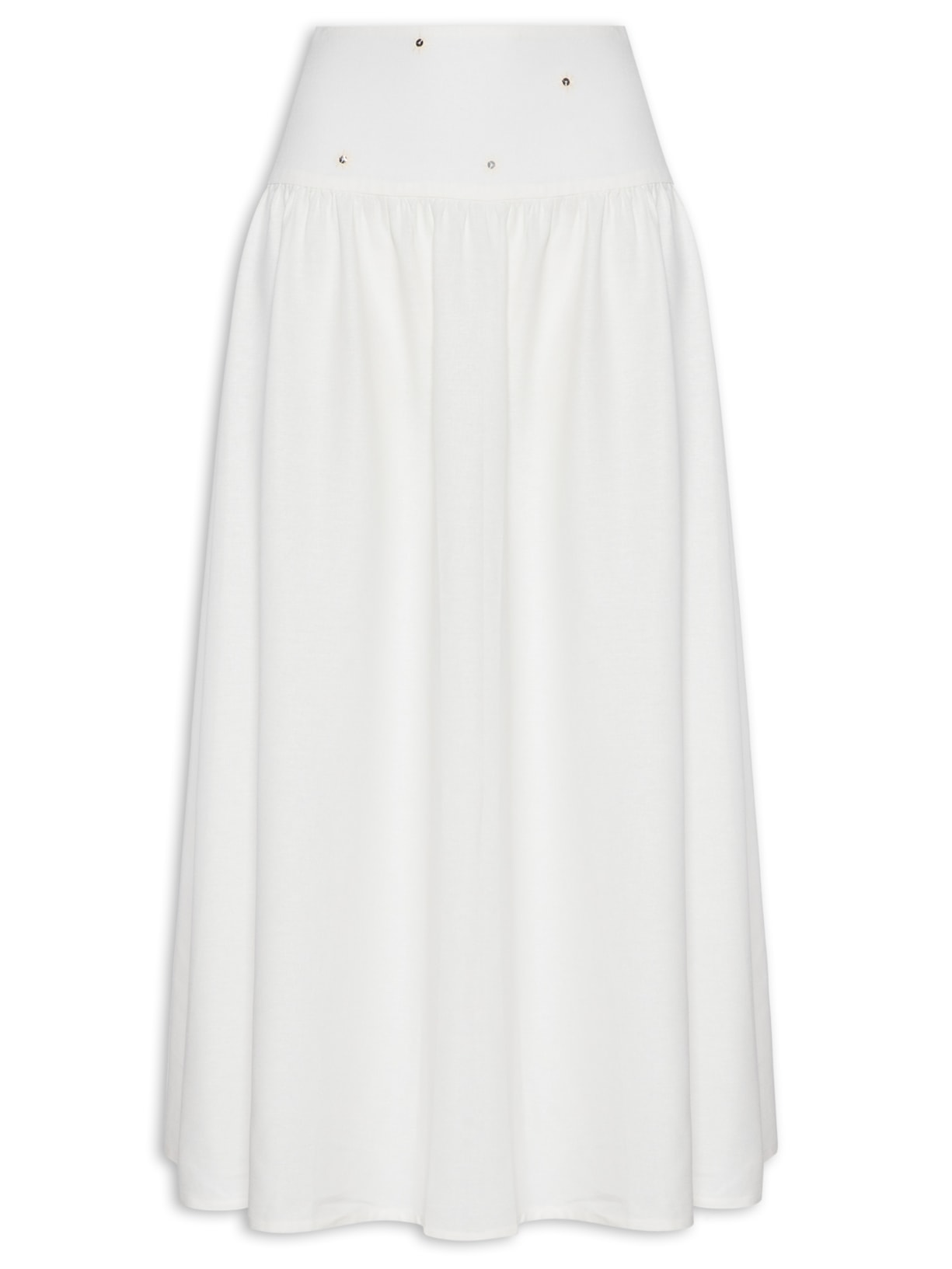 Saia Midi Linho Pala Bordado Paetê - Branco