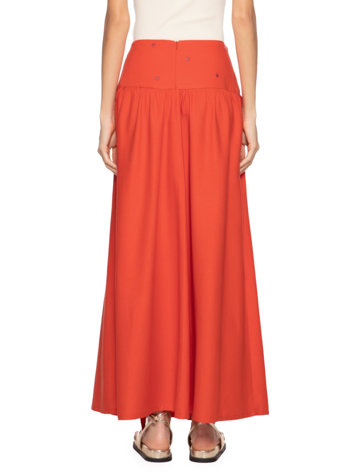 Saia Midi Linho Pala Bordado Paetê Vermelho Dress To