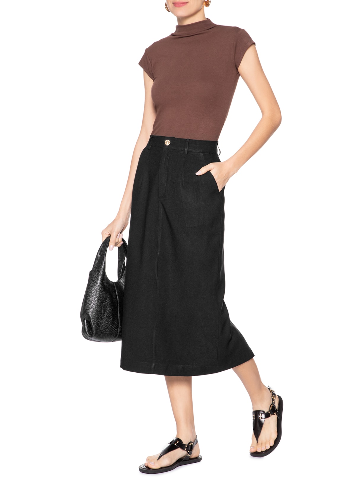 Saia Midi Linho Preto Basiq