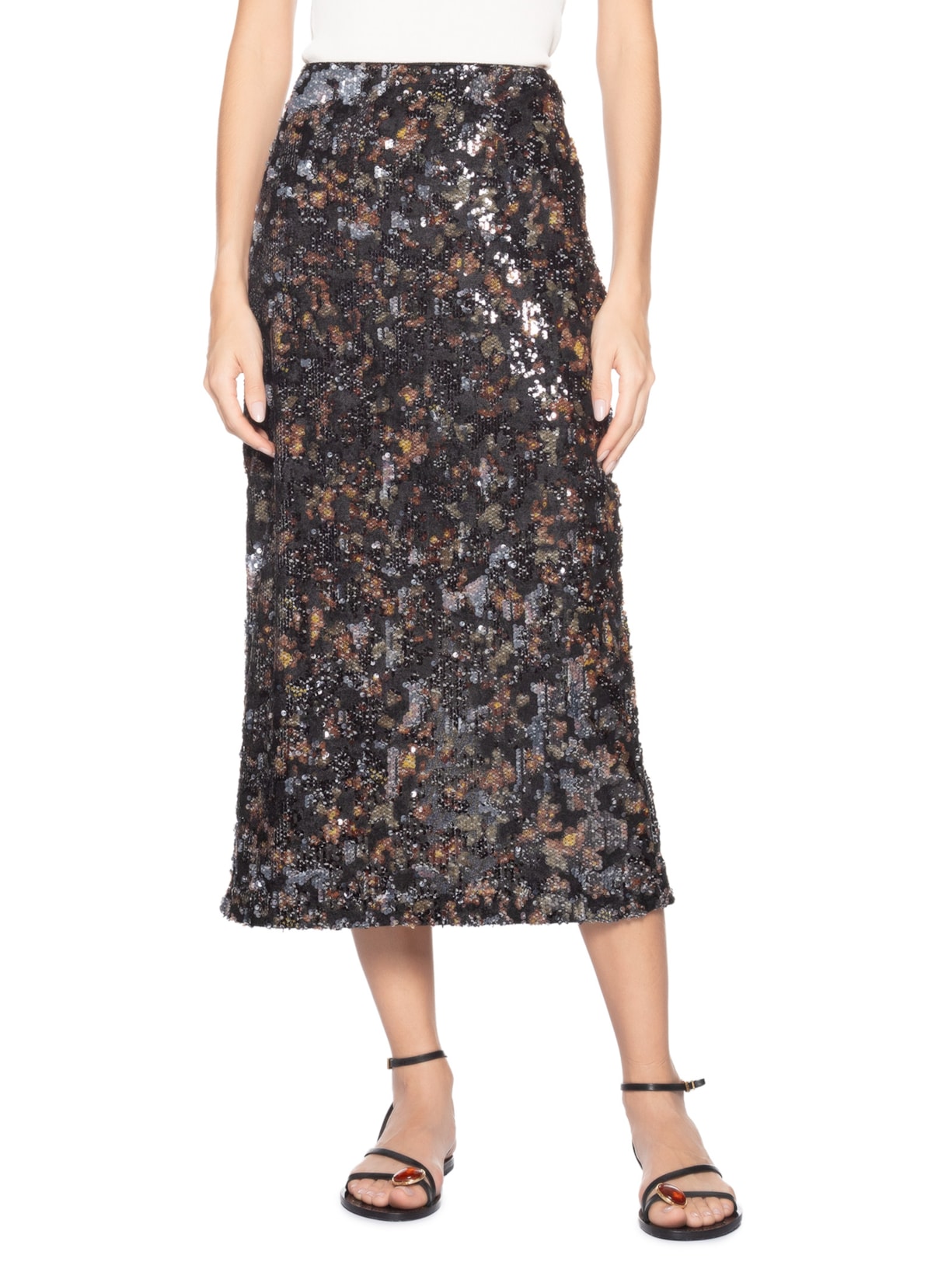 Saia Midi Paetê Estampa Blush Preto Maria Filó