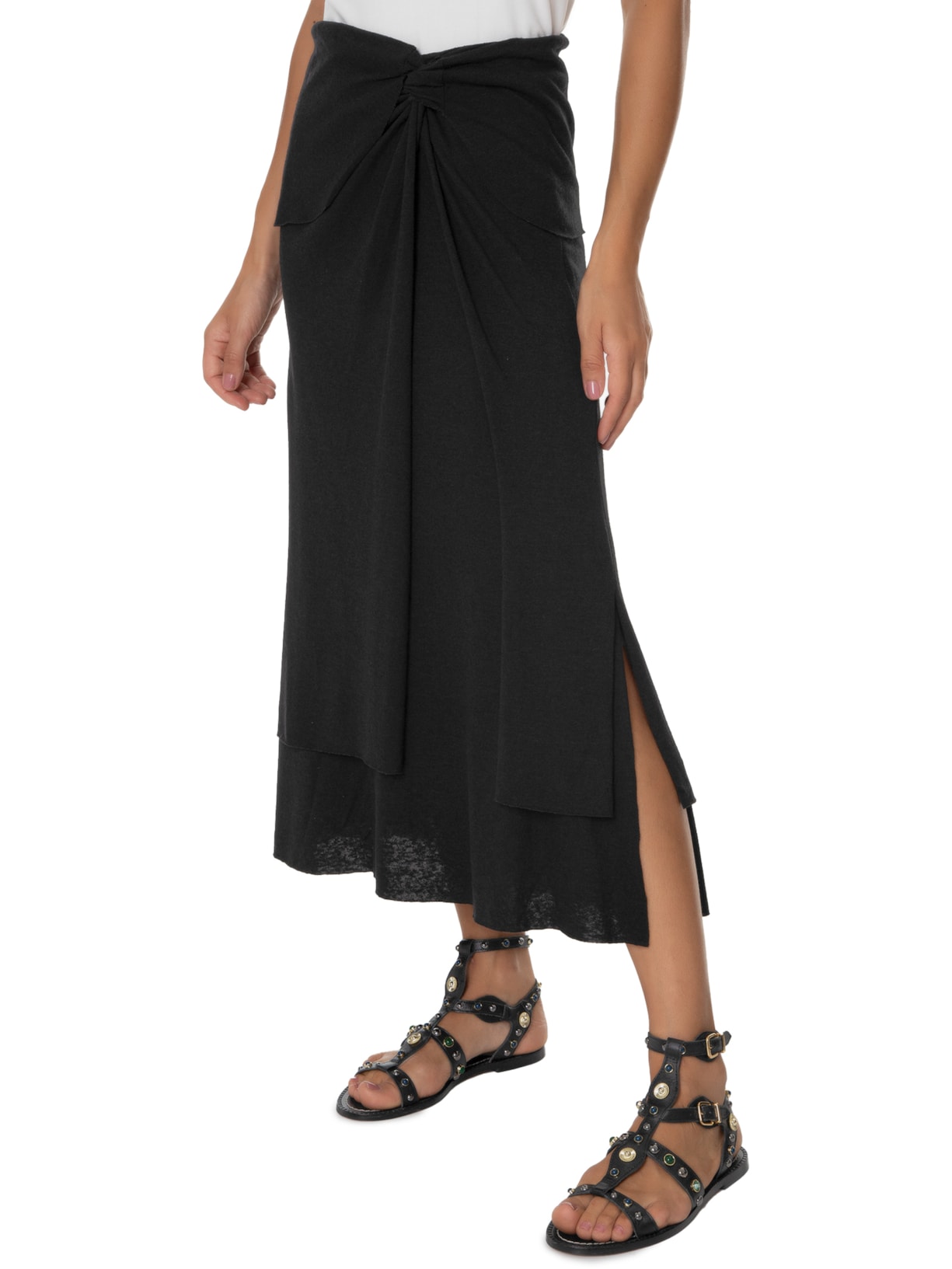 Saia Midi Pala Com Nó Lateral Preto Maria Filó