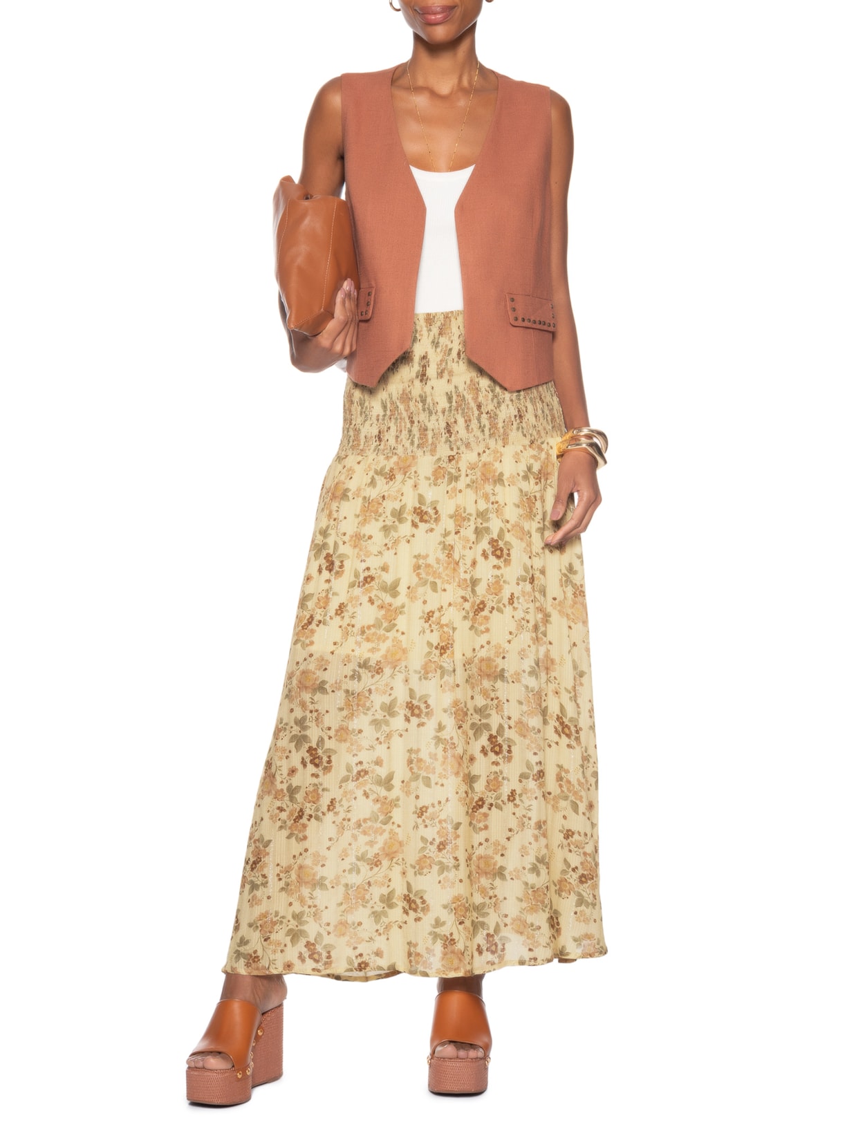 Saia Midi Pala Lastex Estampa Blush - Bege by MARIA FILÓ