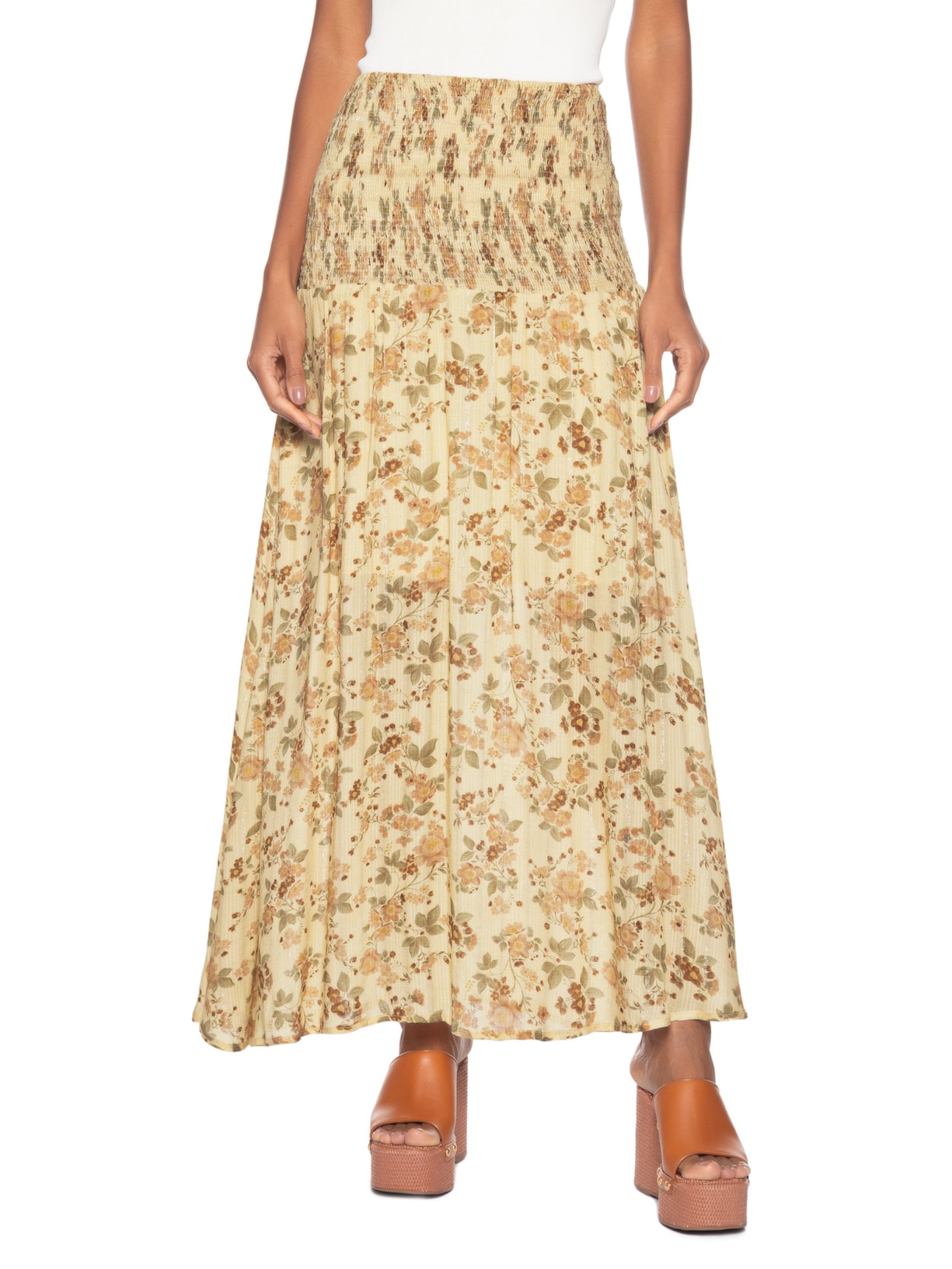 Saia Midi Pala Lastex Estampa Blush Bege Maria Filó