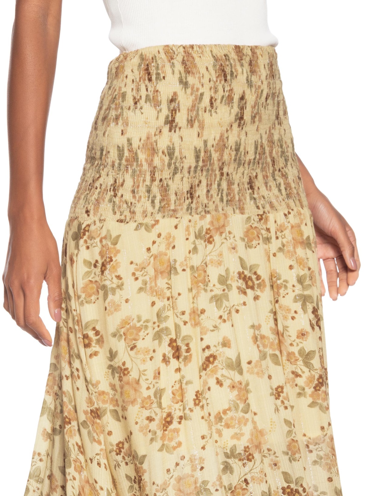 Saia Midi Pala Lastex Estampa Blush Bege Maria Filó