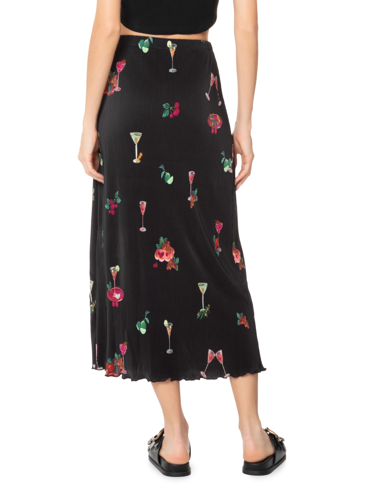 Saia Midi Plissada Coquetel Tropical Marrom Farm