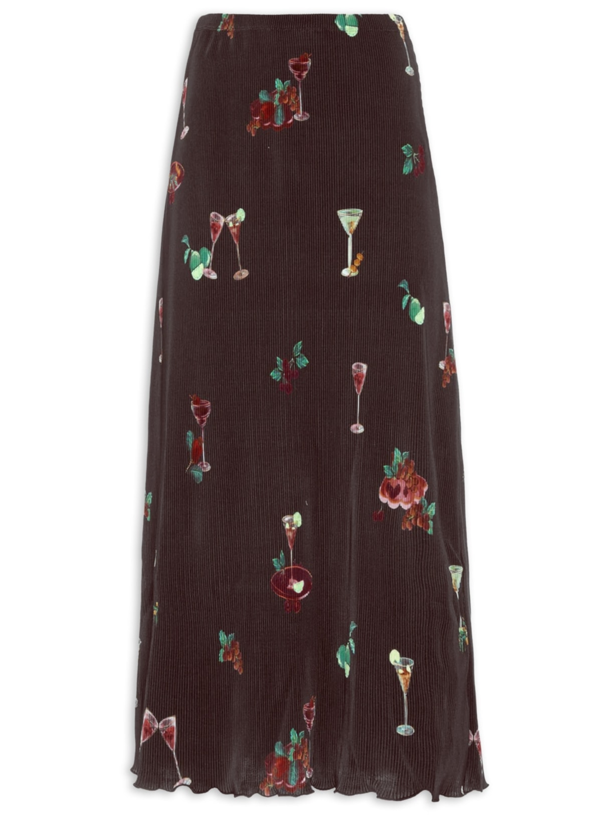 Saia Midi Plissada Coquetel Tropical - Marrom