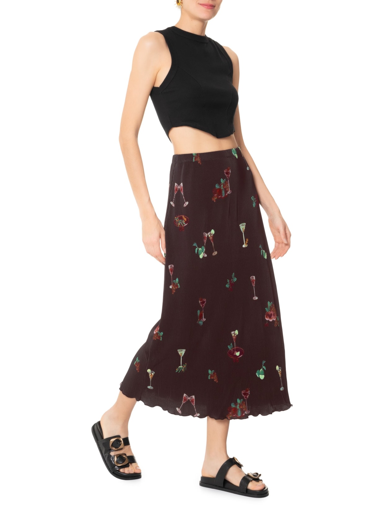 Saia Midi Plissada Coquetel Tropical Marrom Farm