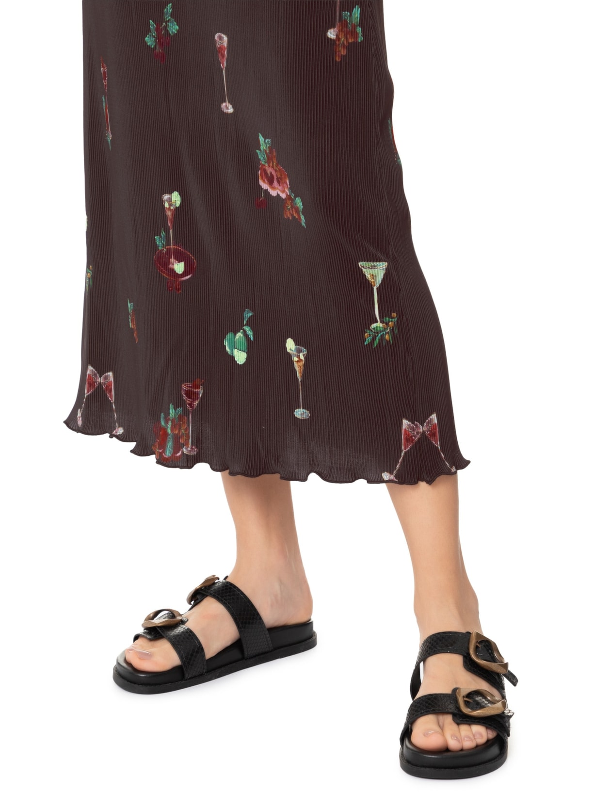 Saia Midi Plissada Coquetel Tropical Marrom Farm