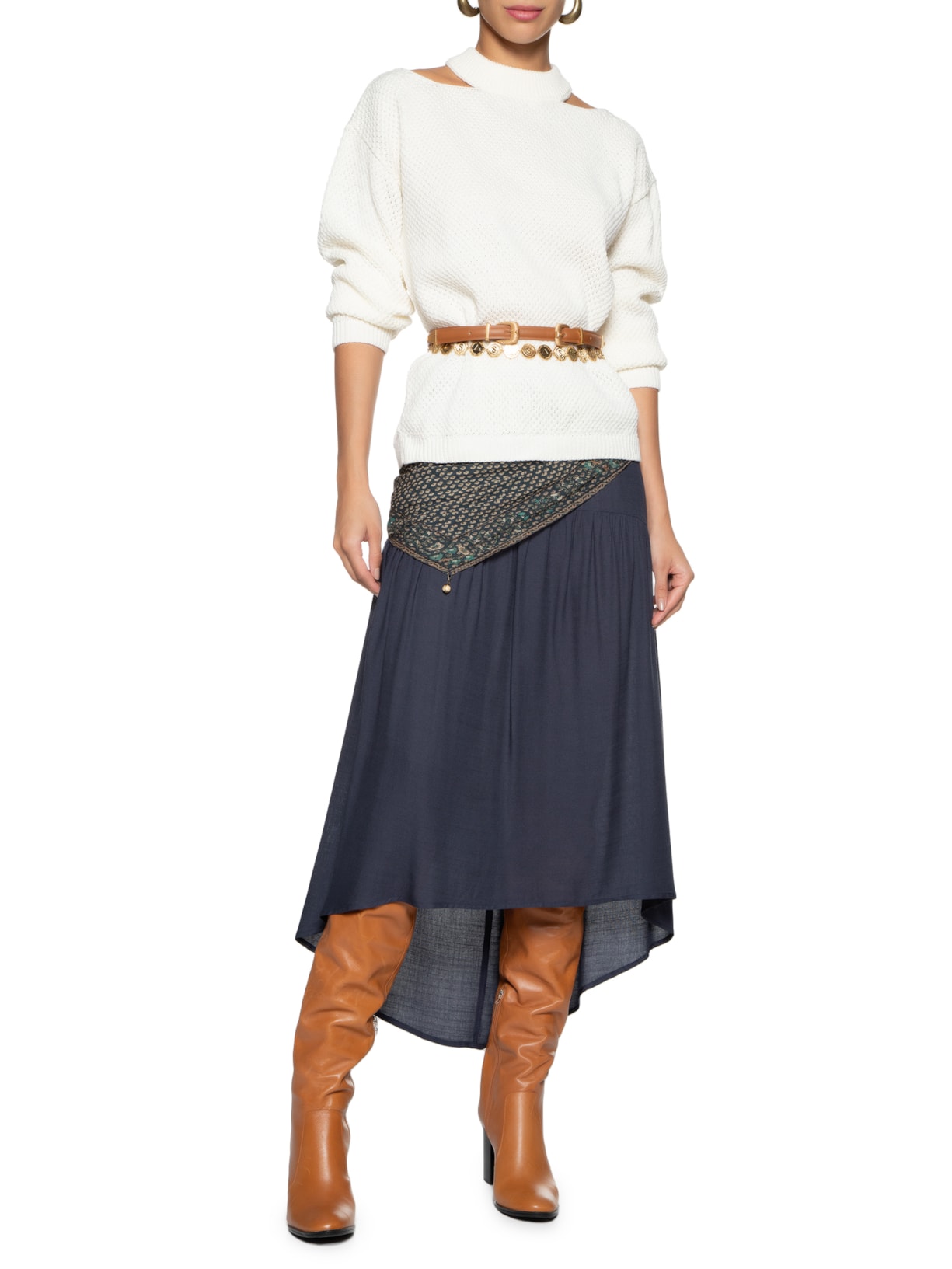 Saia Midi Pontas Azul Maria Filó