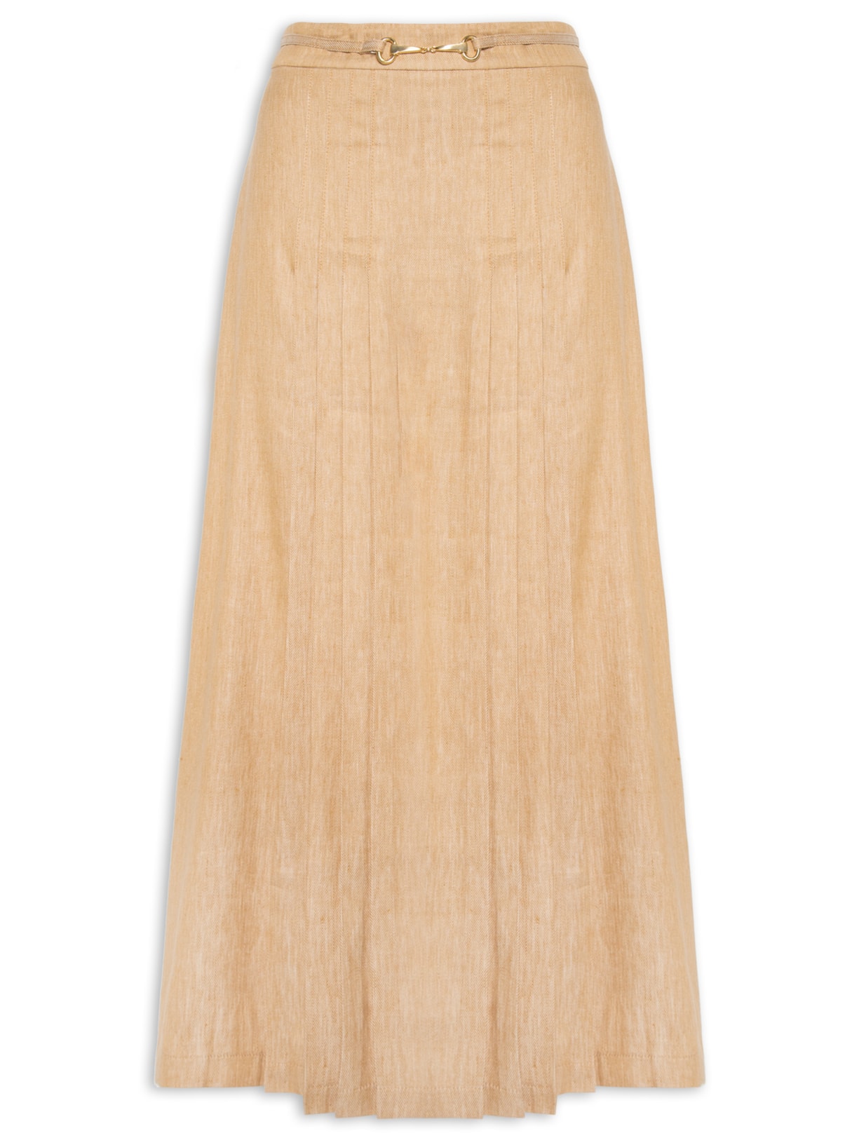 Saia Midi Pregas Golden Age Liso - Bege