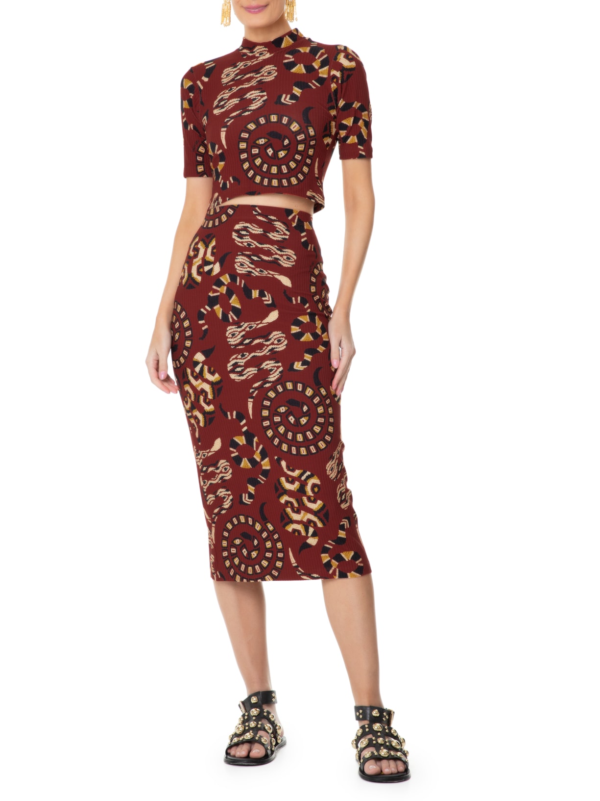 Saia Midi Reta Cobra Coral Vermelho Farm