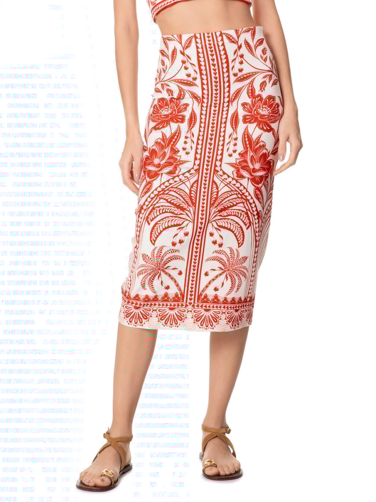 Saia Midi Reta Coqueiro de Flor Vermelho Farm