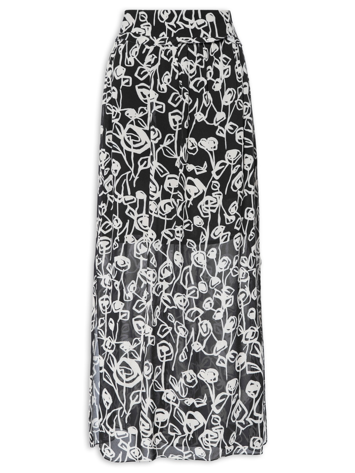 Saia Midi Reta Floral - Preto