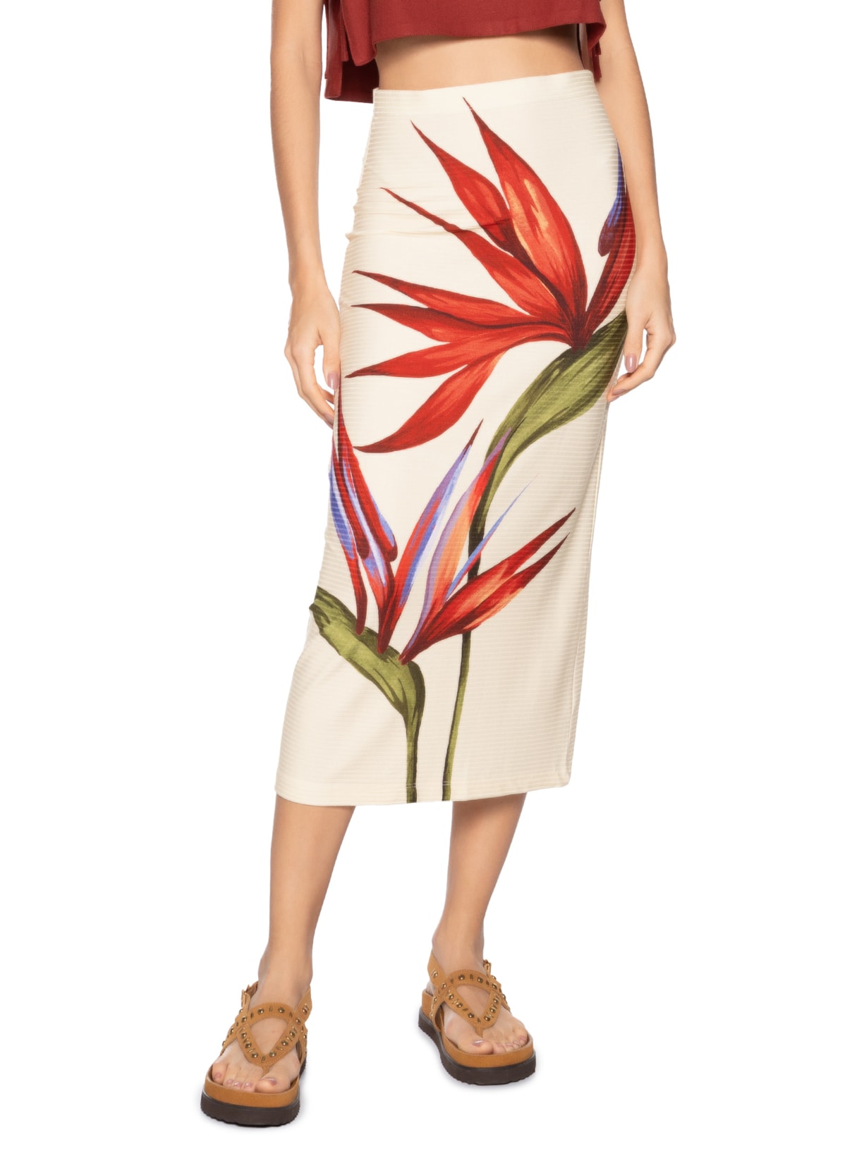 Saia Midi Reta Maxi Estrelícia Bege  Farm