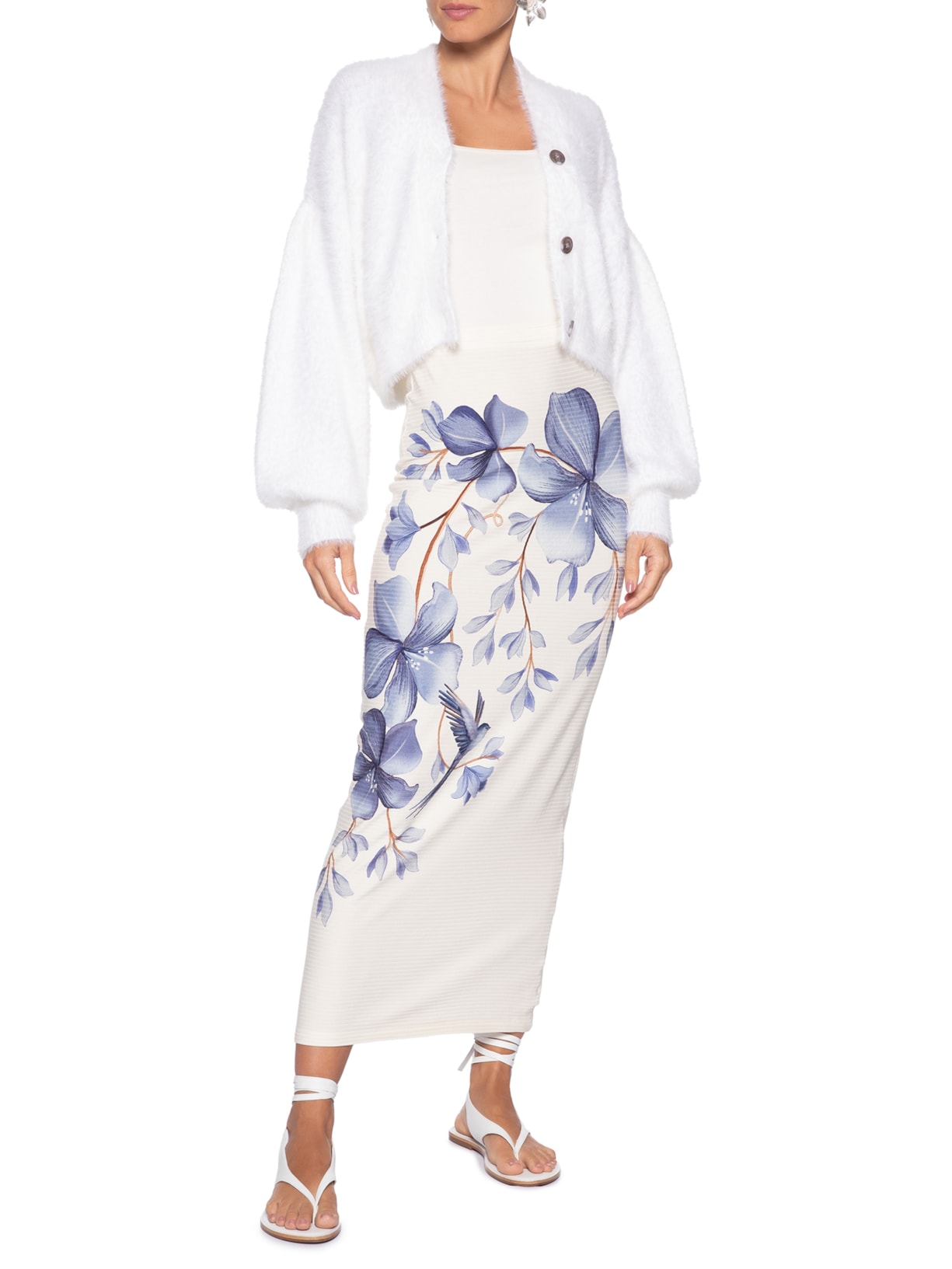 Saia Midi Reta Voo Em Flor E Branco Farm